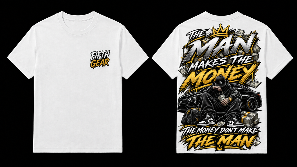 The Man Makes The Money Tee - White, front and back