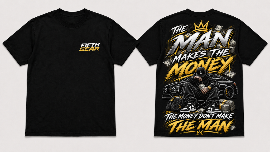 The Man Makes The Money Tee - Black, front and back