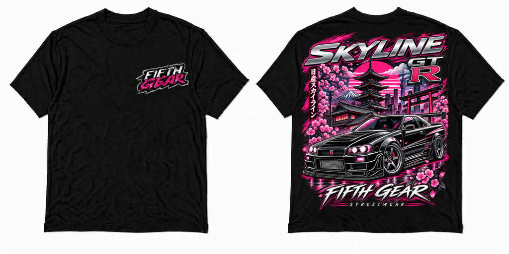 Black Skyline Sakura GT-R Tee front and back mockup
