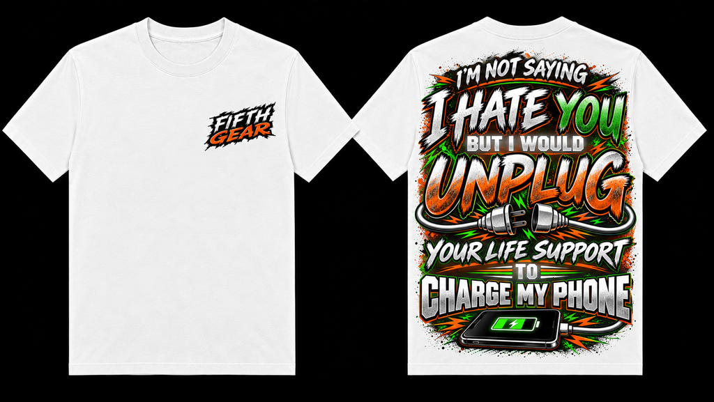 Unplug Tee – White, front and back