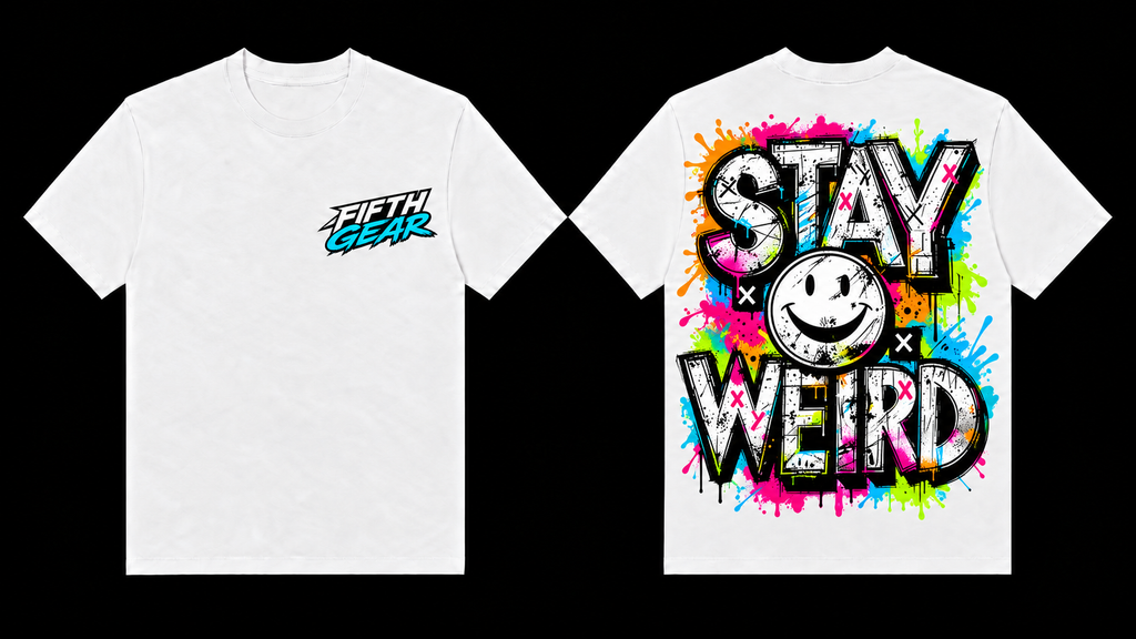 White Fifth Gear Stay Weird tee showing chest logo and colourful smiley back print