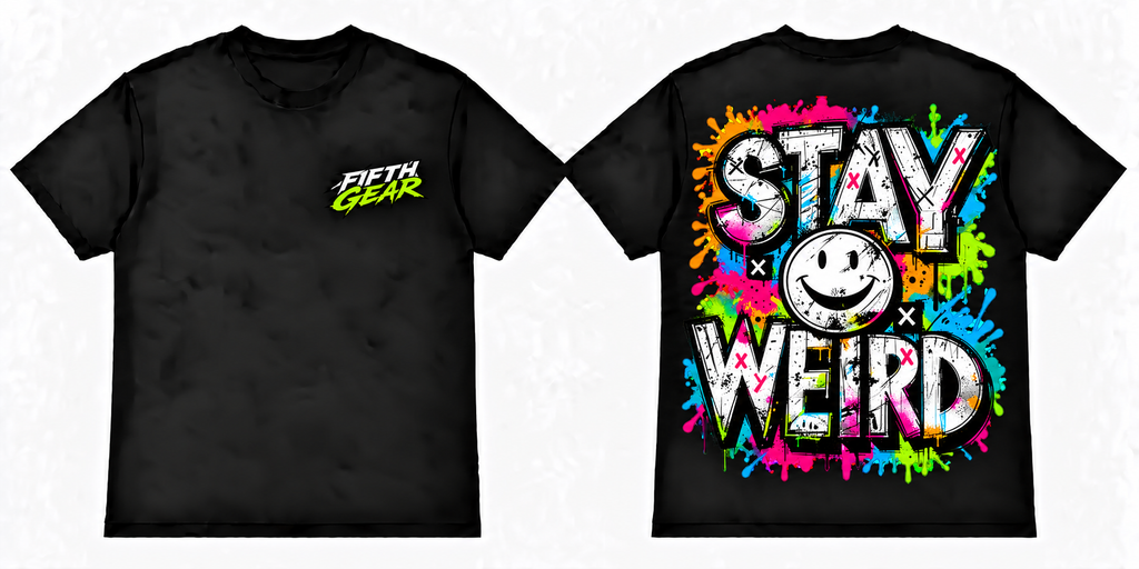 Black Fifth Gear Stay Weird tee showing chest logo and colourful smiley back print