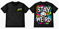 Black Fifth Gear Stay Weird tee showing chest logo and colourful smiley back print