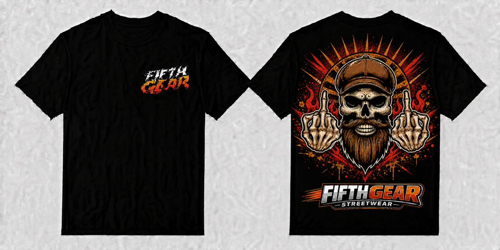 Fifth Gear Skull Double Birds - Black Tee front and back