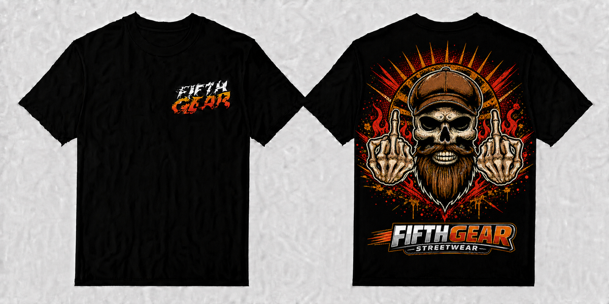 Fifth Gear Skull Double Birds - Black Tee front and back