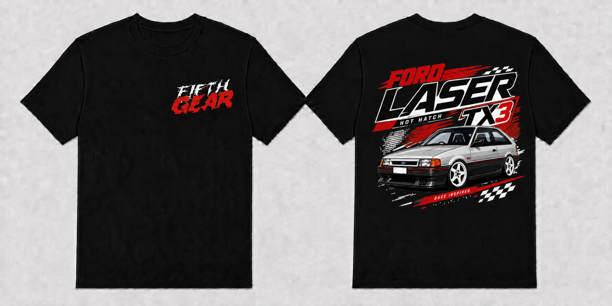 Ford Laser TX3 Hot Hatch - Black Tee front and back